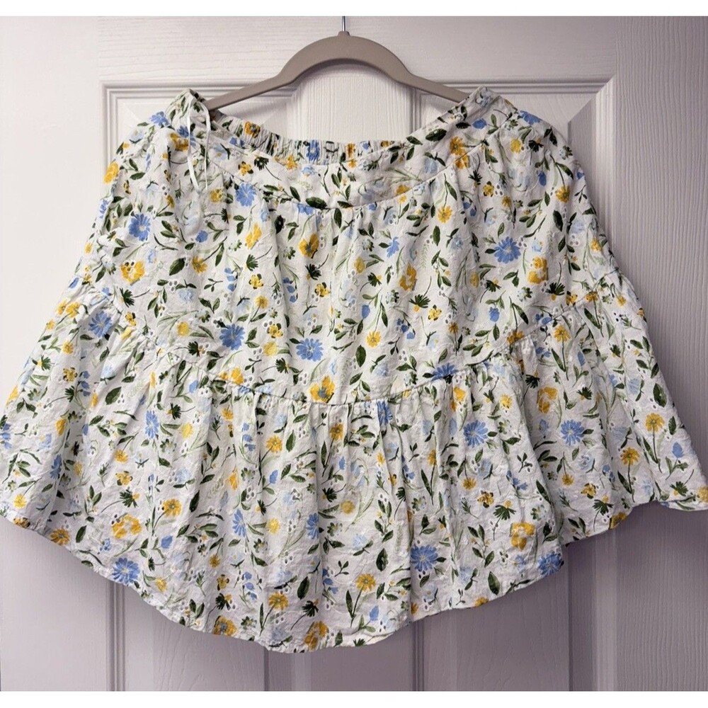 Japna Floral Mini Skirt L White Pink Blue Lace Trim Elastic Waist Lined